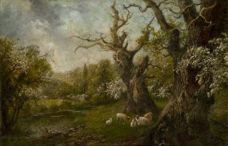 Charles Henry Clifford Baldwyn,  British 1859-1943-  A wooded river landscape with sheep;  oil ...
