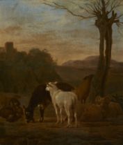 Manner of Aelbert Cuyp,  Dutch early 19th century-  An Italianate landscape with sheep and a don...