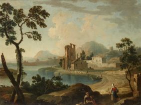 Follower of Richard Wilson, RA,  British 1713-1782-  Two Italianate lakeside scenes with figures...