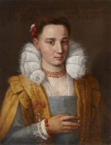 Follower of Alessandro Allori,  Italian 1535-1607-  Portrait of Doralice Gusmerina, half-length,...