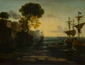 After Claude Gellée, called Claude Lorrain,  French 1600-1682-  Coast scene with the landing of ...