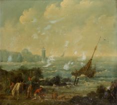 Follower of Claude Joseph Vernet,  French 1714-1789-  A coastal view with figures loading up bas...