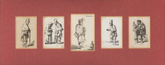 After Rembrandt Harmensz. van Rijn,  Dutch 1606-1669-  Four etchings: Beggar leaning on a stick ...