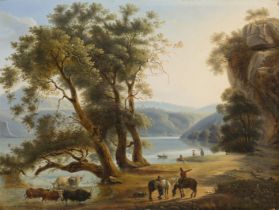 Michelangelo Pacetti,  Italian 1793-1855-  An Italianate lakeside landscape with figures and hor...