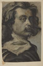 After Sir Anthony van Dyck,  Flemish 1599-1641-  Self-portrait;  black wash heightened with whi...