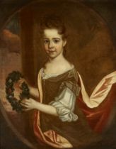 Circle of Michael Dahl,  Swedish 1659-1743-  Portrait of a young girl, standing half-length, wea...