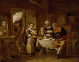 Manner of Jan Miense Molenaer,  Dutch, early 19th century-  A Cottage interior with a family sea...