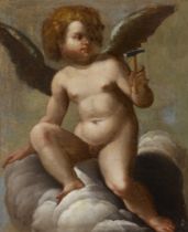 Follower of Domenico Piola,  Italian 1627-1703-  A putto seated on a cloud and holding a hammer,...