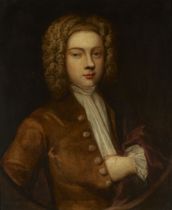 Follower of Hans Hysing,  Swedish 1678-1753-  Portrait of a young man, half-length, wearing a br...