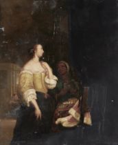 After Frans van Mieris,  Dutch 1635-1681-  A woman standing before a mirror;  oil on panel, 33....