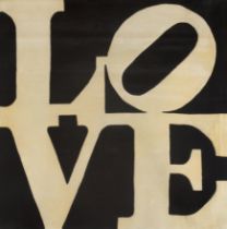 Robert Indiana, American 1928-2018, Chosen Love, 1995; hand tufted wool rug in cream and black,...