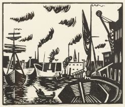 Edward Wadsworth ARA, British 1889-1949, Wapping (1918), 1921; woodcut in black and white on pa...