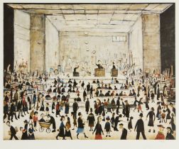 Laurence Stephen Lowry RBA RA, British 1887-1976, The Auction; offset lithograph in colours on ...