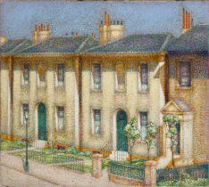 Hugh Gresty, British 1899-1958 -  Suburbia;  oil on burlap, signed lower right 'Gresty', titled...