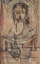Gwilym Prichard,  Welsh 1931-2015 -  Portrait of a woman by a table with a vase;  ink and water...