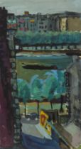 Florence Jamieson RSW,  Scottish 1925-2019 -  Barge on the Seine, c.1950;  gouache on paper, si...