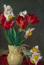 Philip Naviasky,  British 1894-1983 -  Still life with tulips and daffodils;  oil on panel, sig...