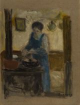 Eugène Antoine Durenne,  French 1860-1944 -  La Cuisine;  oil and watercolour on paper laid dow...
