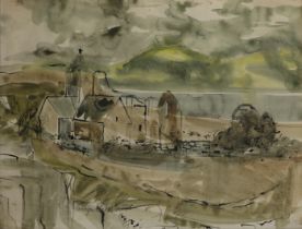 Gwilym Prichard,  Welsh 1931-2015 -  Village scene with church;  watercolour and ink on paper, ...