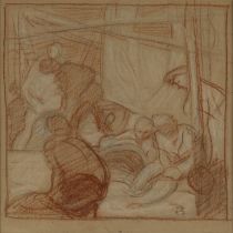 Sir Frank Brangwyn RA RWS PRBA,  British 1867-1956 -  Workmen in harbour;  red chalk and chalk ...