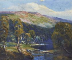 Harry Phelan Gibb,  British 1870-1948 -  Landscape with river;  oil on card, signed with initia...