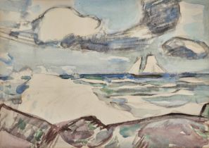 John Duncan Fergusson,  British 1874-1961 -  Coastal scene with boat, c.1914;  watercolour on p...