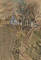 Gwilym Prichard,  Welsh 1931-2015 -  Welsh landscape with church;  ink, watercolour and wax res...