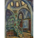 Arieh Allweil,  Polish/Israeli 1901-1967 -  Synagogue interior;  oil on panel, signed lower rig...
