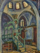 Arieh Allweil,  Polish/Israeli 1901-1967 -  Synagogue interior;  oil on panel, signed lower rig...