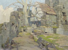 Charles Ginner ARA CBE,  British 1878-1952 -  Cliff-edge scene with stone walls, c.1930s;  oil ...