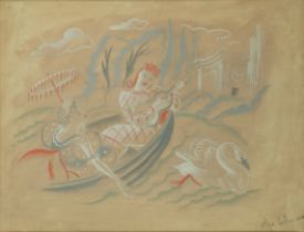 Olga Lehmann,  Chilean/British 1912-2001 -  Two ladies in a boat with swan;  gouache on paper, ...