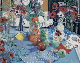 Peter Graham ROI,  British b.1959 -  Japanese Print with Flowers, 1994;  oil on canvas, signed ...