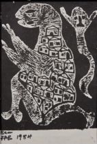 Adebisi Fabunmi ('FAB'),  Ghanaian b.1945 -  Bear, 1984; woodcut on canvas, signed, titled and ...