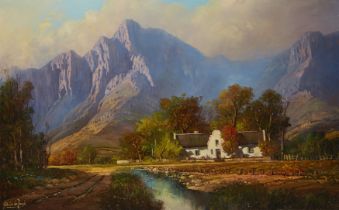 Gabriel de Jongh,  South African 1913-2004 -  Cape mountain landscape with Dutch cottage;  oil ...