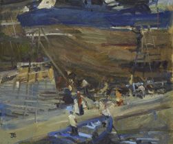 Tom Coates PRBA RP,  British 1941-2023 -  Harbour scene;  oil on board, signed with monogram lo...
