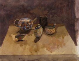 Christa Gaa,  German/British 1937-1992 -  Still life with colourful teapot;  watercolour on pap...