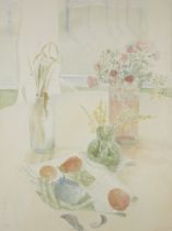 Anthea Craigmyle,  British 1933-2016 -  Table top with vases and fruit;  watercolour on paper, ...