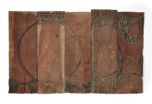 El Anatsui,  Ghanaian b.1944 -  Untitled, 1983;  incised wood panels, 5, each approx. 92 x 28 c...
