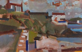 Michael Upton,  British 1938–2002 -  Landscape with Helicopter;  oil on board, 23.8 x 38.2 cm (...