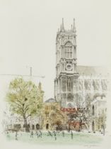 David Gentleman RDI,  British b.1930 -  Dean’s Yard, Westminster Abbey;  watercolour, signed lo...