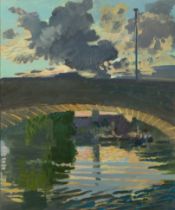 David Parfitt,  British b.1943 -  Sunset, Kew Bridge;  oil on board, 61.2 x 50.5 cm (ARR)  Pro...