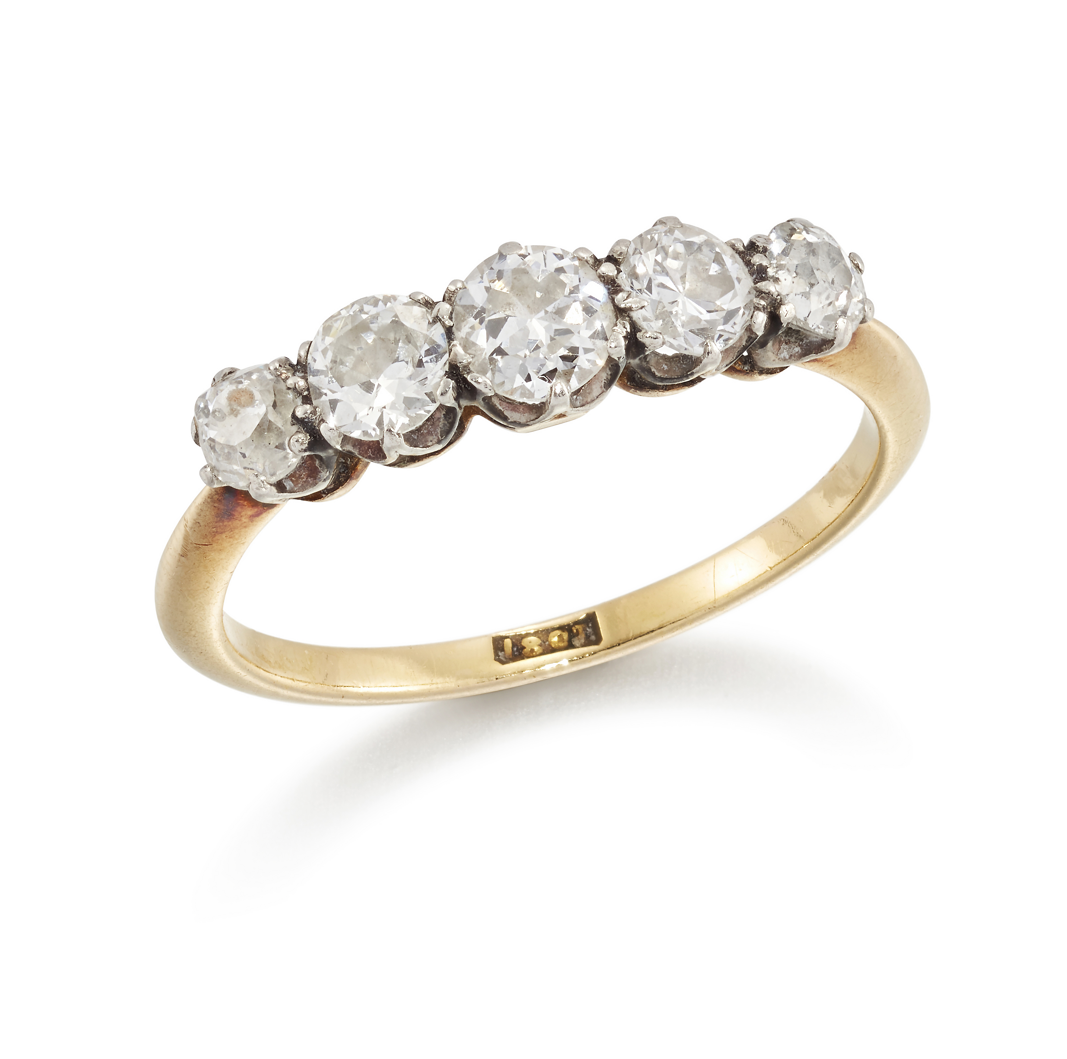 An early 20th century 18ct gold diamond five stone half-hoop ring, with a row of graduated old br...