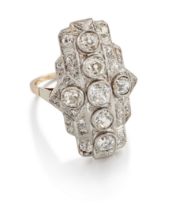 A diamond plaque ring, a cross of old brilliant-cut diamonds millegrain set to raised settings, t...