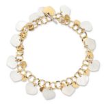Nanis. An Italian mother of pearl bracelet/anklet, circular links suspending hearts and mother of...