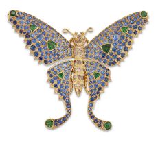 A diamond, sapphire and tsavorite garnet butterfly brooch, signed Diafini, stamped 750, the butte...