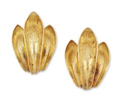 Mapamenos Natepas. A pair of Greek earclips, each designed as graduating lotus leaf style triple ...