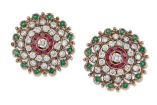 A pair of diamond, synthetic ruby and emerald target cluster earrings, a central brilliant-cut di...