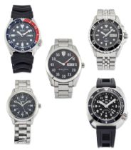 A group of five various wristwatches and bracelet watches Comprising: a Roamer ref: 770933; a Sei...