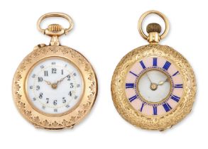 Two gold fob watches including half hunter case with keyless cylinder movement, engraved case wit...