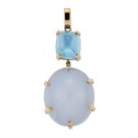 A chalcedony and topaz pendant, by Zam Gems, an oval cabochon chalcedony, surmounted by a cushion...